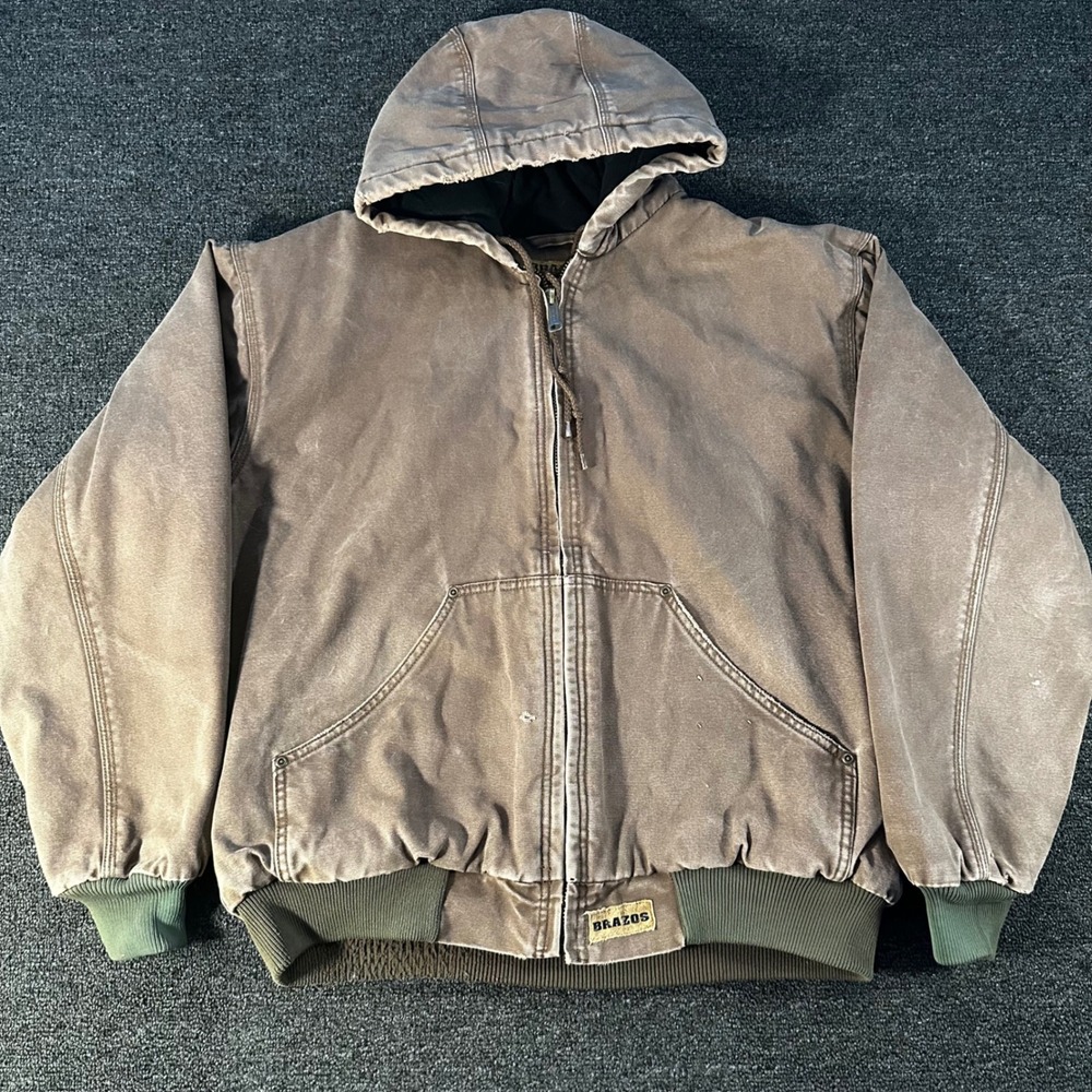 Brazos Work Jacket Mens Large Brown Good Canvas Hooded Quilted Lined Utility